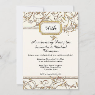 50th Fiftieth Art Nouveau Gold Purple Anniversary Invitation