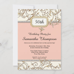 50th Fiftieth Glam Gold Pink Art Nouveau Birthday Invitation