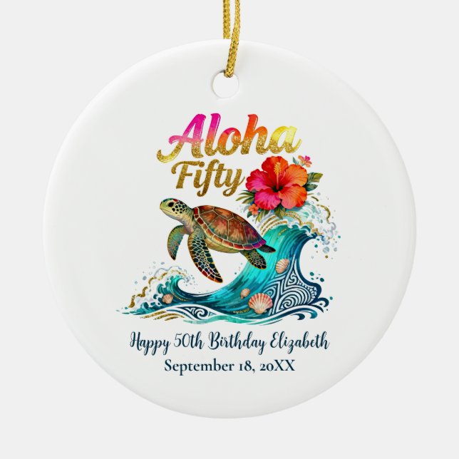 50th Fifty Birthday Tropical Ocean Beach Theme Ceramic Ornament (Front)