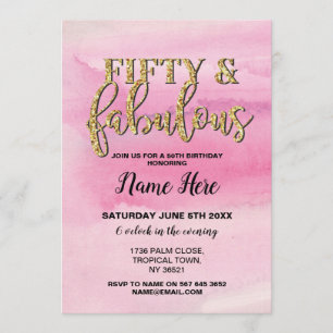 50th Fifty & Fabulous Birthday Party Pink Invite