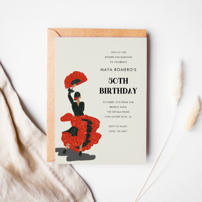 50th Flamenco Dancer Birthday Party Invitation (Red and black flamenco dancer fiftieth birthday party invitation.)