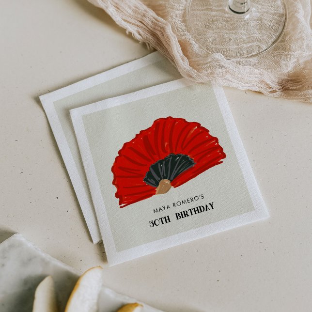 50th Flamenco Fan Birthday Party Napkin (Red and black flamenco fan 50th birthday party paper napkins.)