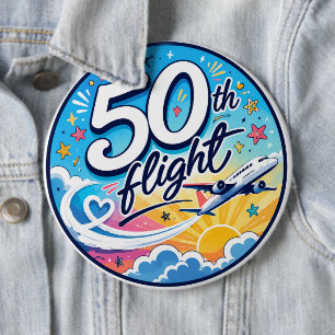 50th flight aeroplane colourful souvenir 6 cm round badge