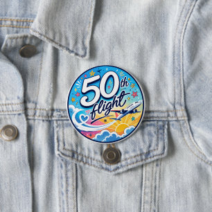 50th flight aeroplane colourful souvenir 7.5 cm round badge