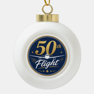 50th flight gold aeroplane travel souvenir ceramic ball christmas ornament