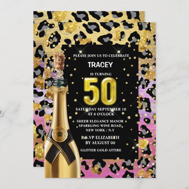 50th glam diva pink gold leopard safari print invitation (Front/Back)
