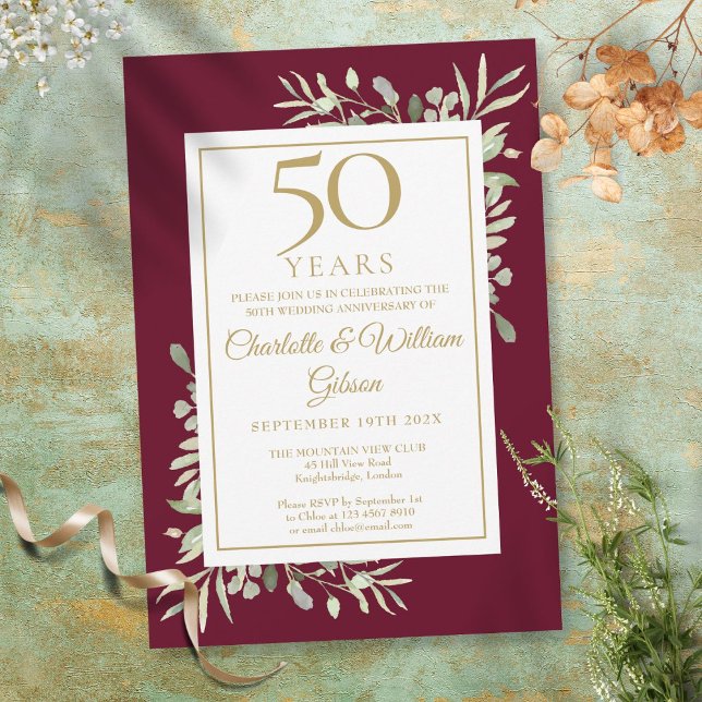 50th Gold Anniversary Burgundy Greenery Leaves Invitation (Creator Uploaded)