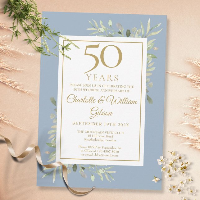 50th Gold Anniversary Dusty Blue Greenery Leaves Invitation (Creator Uploaded)