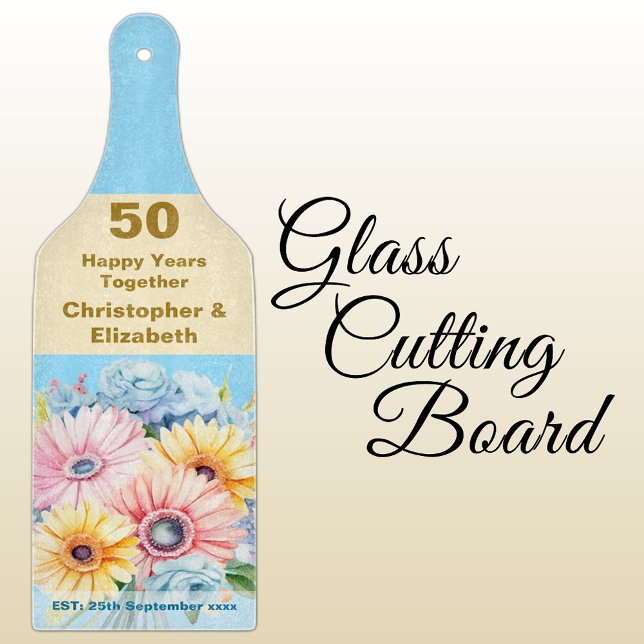 50th gold anniversary floral blue cutting board (Creator Uploaded)