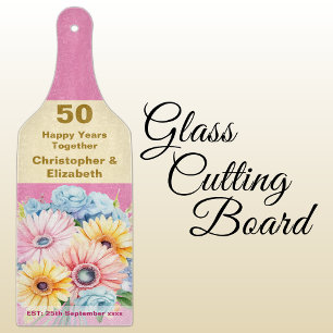 50th gold anniversary floral pink cutting board
