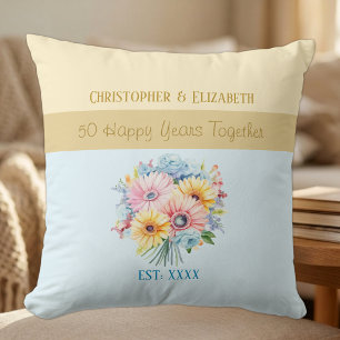 50th gold anniversary flowers blue cushion