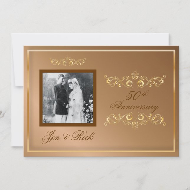 50th, Gold Anniversary, Gold Swirls Photo Invitation (Front)