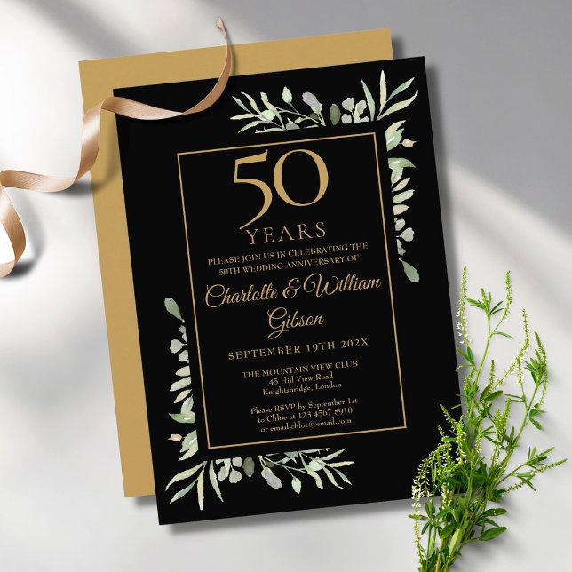 50th Gold Anniversary Greenery Leaves Watercolour Invitation (50th Gold Anniversary Greenery Leaves Watercolour Invitation)