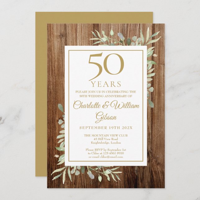 50th Gold Anniversary Rustic Wood Greenery Leaves Invitation (Front/Back)