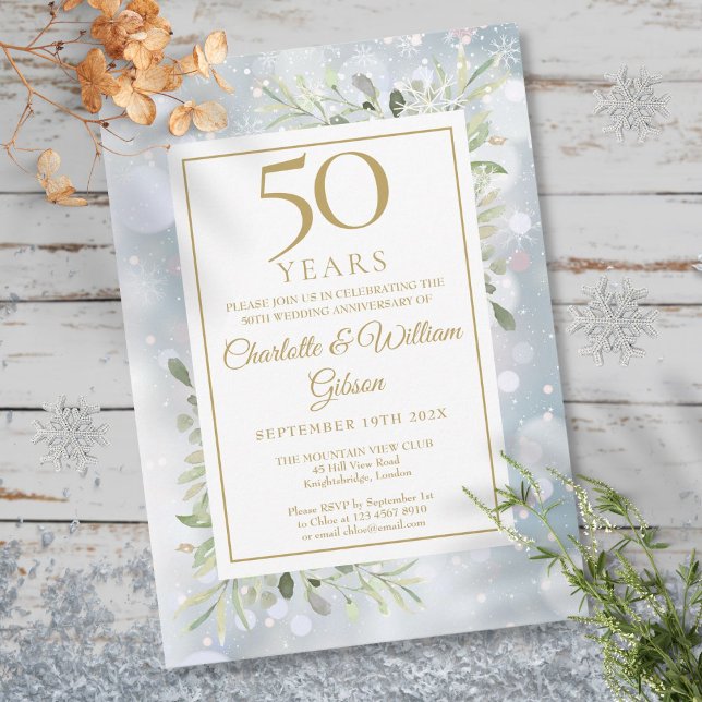 50th Gold Anniversary Snowflakes Greenery Leaves Invitation (50th Gold Anniversary Snowflakes Greenery Leaves Invitation)