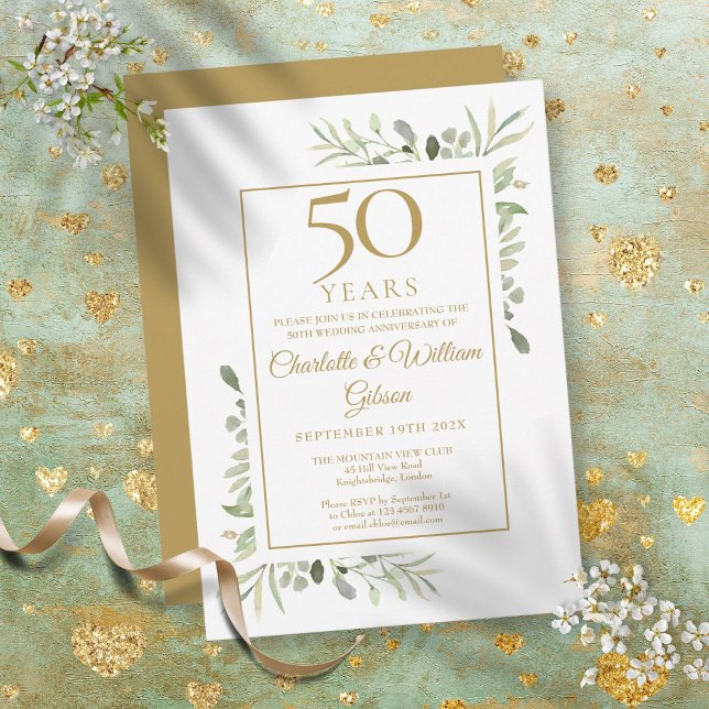 50th Gold Anniversary Watercolour Greenery Leaves Invitation (50th Gold Anniversary Watercolour Greenery Leaves Invitation)