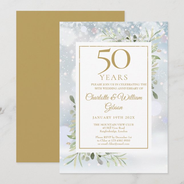 50th Gold Anniversary Winter Snowflakes Greenery Invitation (Front/Back)
