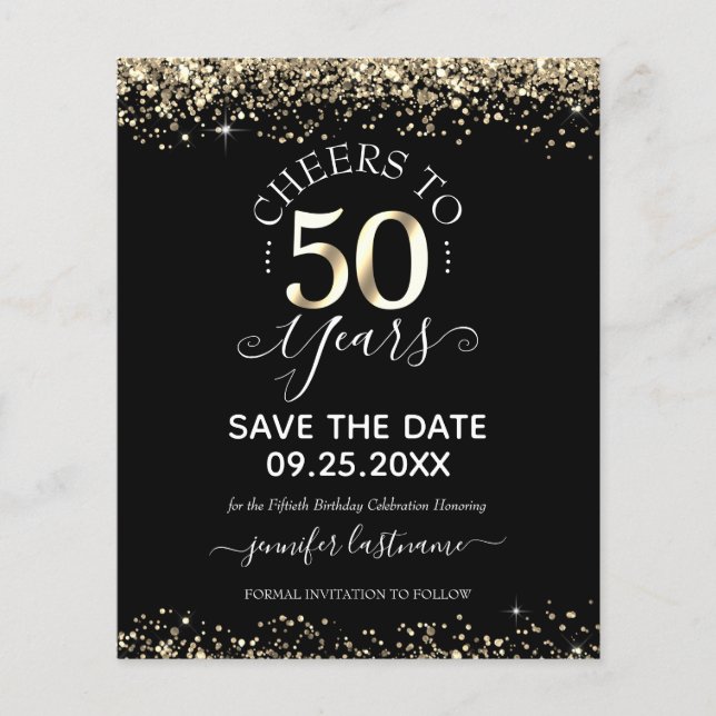 50th Gold Birthday Save the Date Budget Invitation (Front)