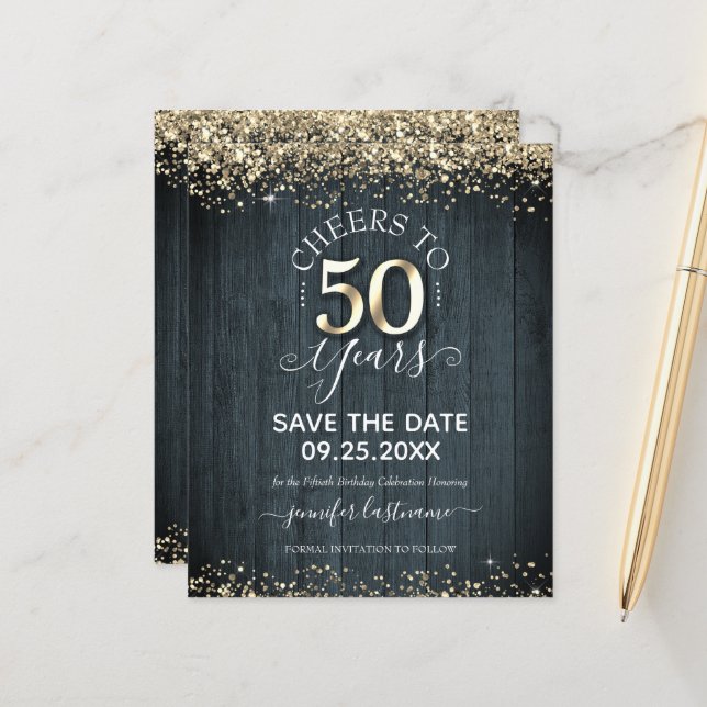 50th Gold Birthday Save the Date Budget Invitation (Front/Back In Situ)