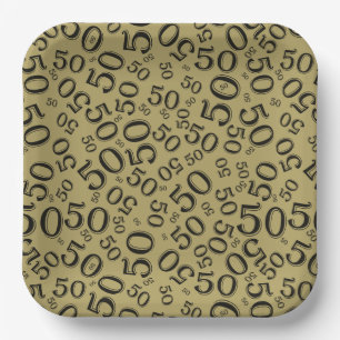 50th Gold/Black Random Number Pattern Paper Plate