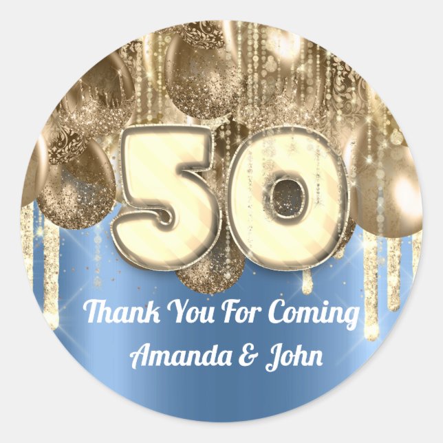 50th GOLD Blue BALLONS Thank you for coming Classic Round Sticker (Front)