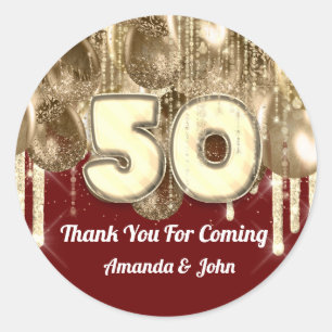 50th GOLD Burgundy BALLONS Thank you for coming Classic Round Sticker