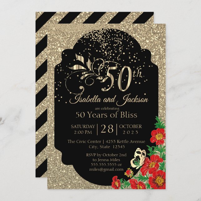 50th Gold Confetti Glitter Anniversary Invitation (Front/Back)