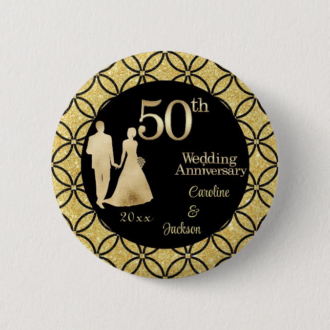 50th Gold Couple Wedding Anniversary Glitter 6 Cm Round Badge (Front)