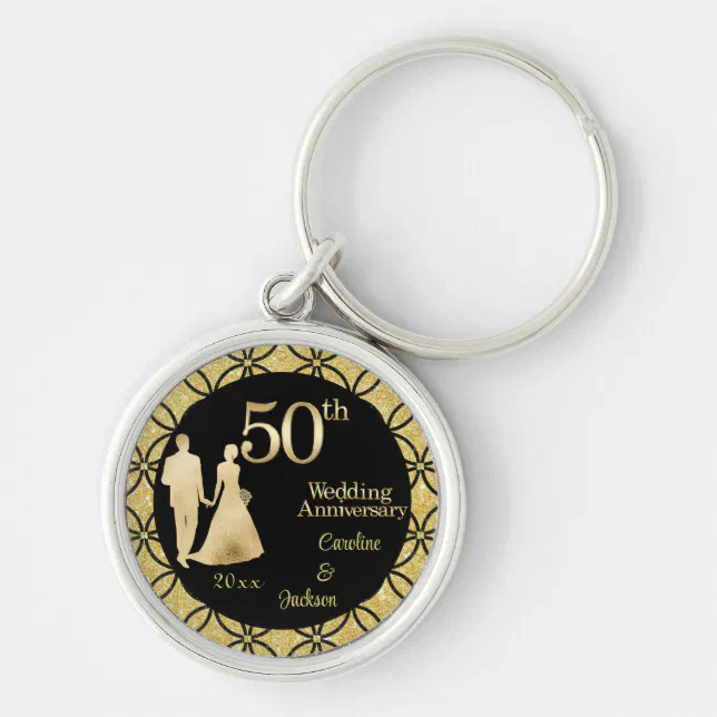 50th Gold Couple Wedding Anniversary Glitter Key Ring | Zazzle