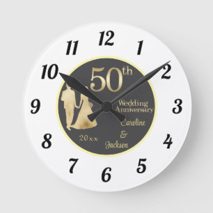 50th Gold Couple Wedding Anniversary Glitter Round Clock