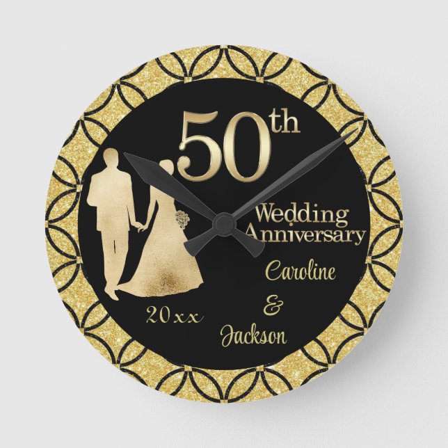 50th Gold Couple Wedding Anniversary Glitter Round Clock (Front)