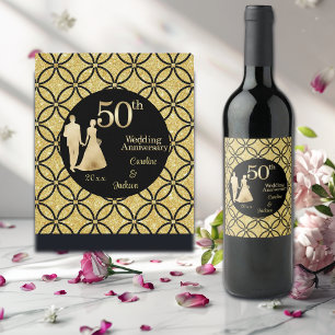 50th Gold Couple Wedding Anniversary Glitter Wine Label