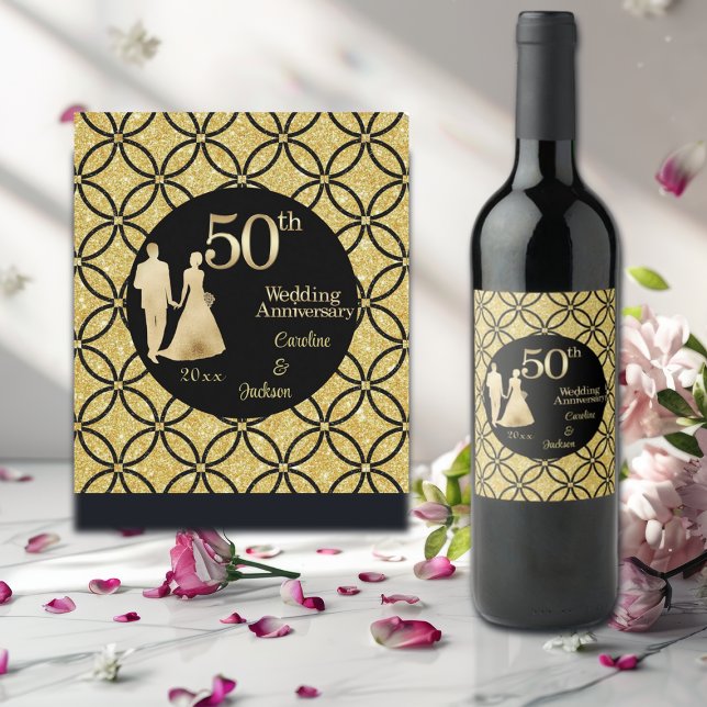50th Gold Couple Wedding Anniversary Glitter Wine Label (Creator Uploaded)