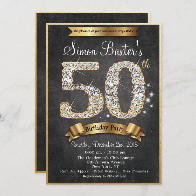 50th Gold Diamond Chalkboard Birthday Invitation (Front/Back)