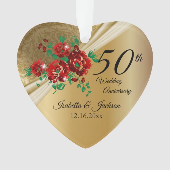 50th 💞 Gold Floral Wedding Anniversary Ornament (Front)