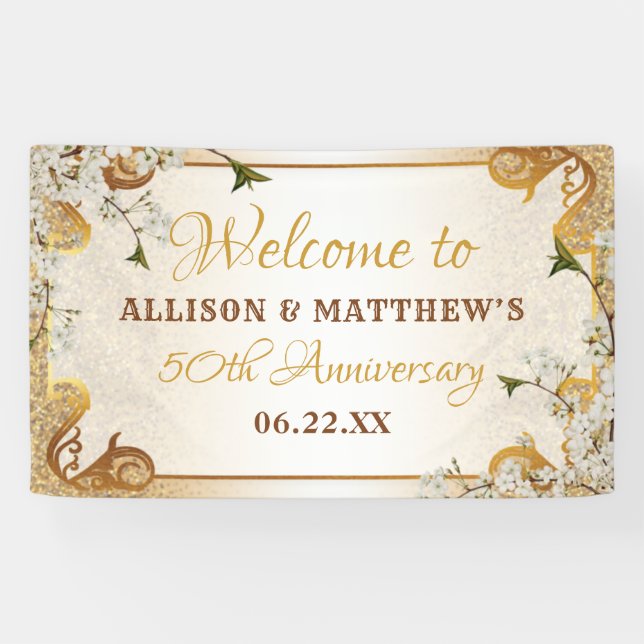 50th Gold Glitter Frame Floral Wedding Anniversary Banner (Horizontal)