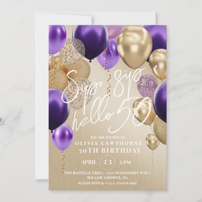 50th Gold Purple Balloons Birthday Party Invitatio Invitation (Front)