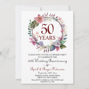 50th Gold Surprise Wedding Anniversary Floral Invitation