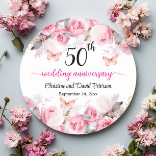 50th Gold Wedding Anniversary Blush Roses Classic Round Sticker