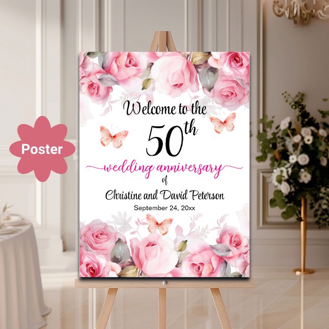 50th Gold Wedding Anniversary Blush Roses Welcome Poster (Creator Uploaded)