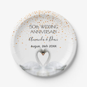 50th gold wedding anniversary chic white swans paper plate