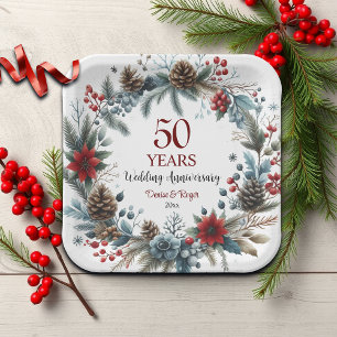 50th Gold Wedding Anniversary Elegant Winter Paper Plate