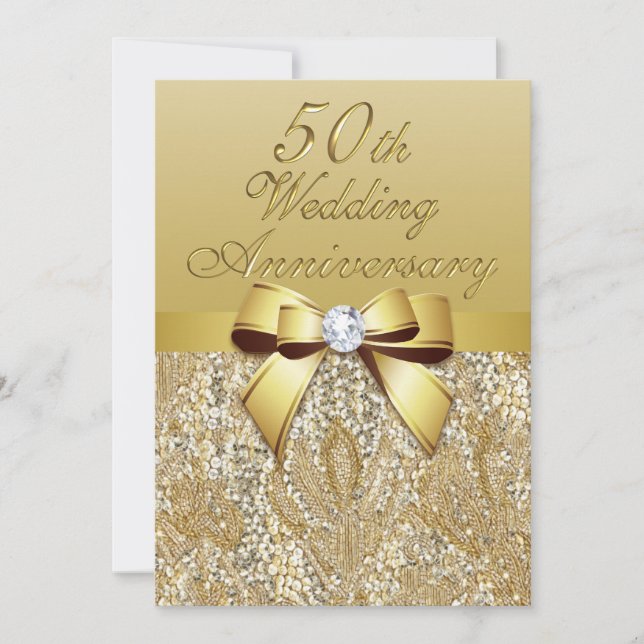 50th Gold Wedding Anniversary Faux Bow Sequins Invitation (Front)