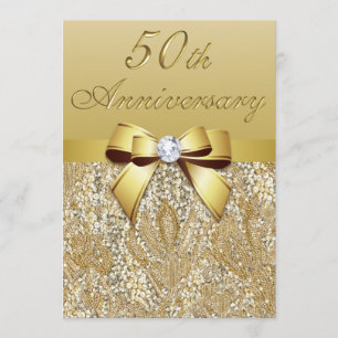 50th Gold Wedding Anniversary Faux Sequins and Bow Invitation