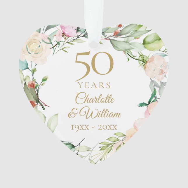 50th Gold Wedding Anniversary Floral Photo Ornament (Front)