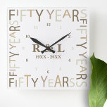 50th Gold Wedding Anniversary Gift Square Wall Clock<br><div class="desc">Stylish and elegant keepsake wall clock designed for a milestone fifty year wedding anniversary.  Easily personalise and customise by initials and year(s) for special friends,  couples,  parents or your husband / wife. Be sure to check out the rest of my collection for more gifting ideas.</div>