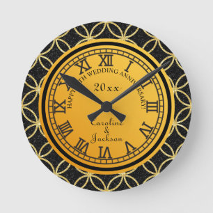 50th Gold Wedding Anniversary Glitter Round Clock