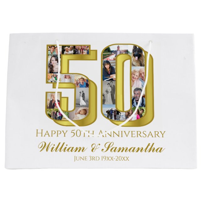 50th Gold Wedding Anniversary Photo Collage Large Gift Bag (Front)