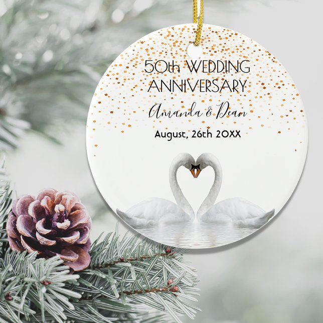 50th gold wedding anniversary white swans ceramic ornament (Creator Uploaded)