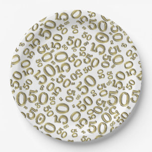 50th Gold/White Random Number Pattern Paper Plate